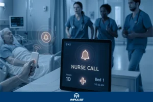 Nurse using a nurse calling system to respond to a hospital emergency