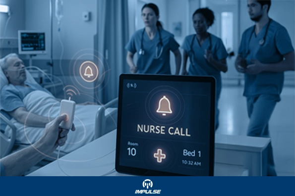 Nurse using a nurse calling system to respond to a hospital emergency