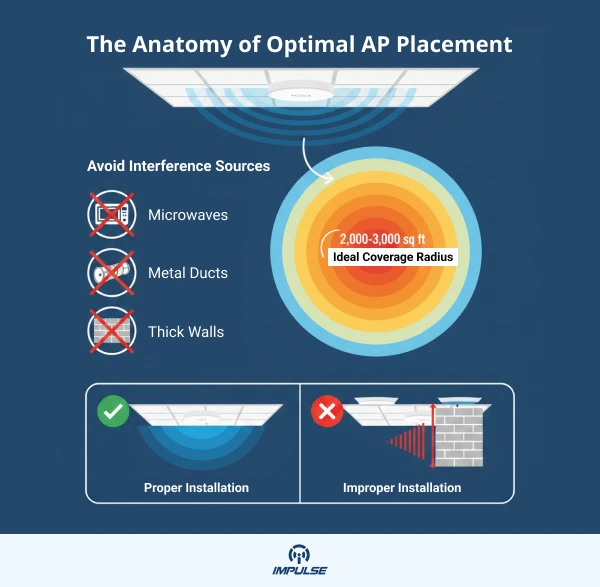 Strategic ceiling mounted wireless access point placement for office WiFi