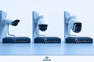 Comparison of PoE, PoE+, and PoE++ network switches for IP cameras showing power differences and performance